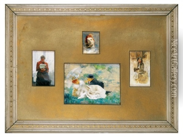 Fiatal Par -young Couple (+ 3 Others, 2 Sgd.; 4 Works Framed Together) Oil Painting - Bertalan Karlovszky
