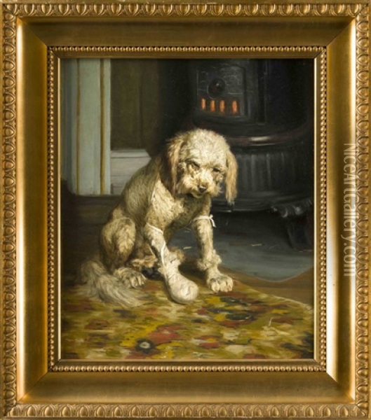 Hund Mit Verbundener Pfote Vor Einem Ofen Oil Painting - Vilhelm Theodor Fischer