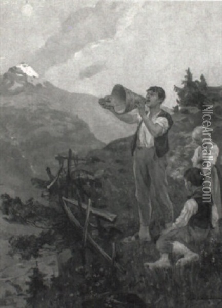 Sennenfamilie Beim Abendlichen Alpsegen Oil Painting - Hans Bachmann