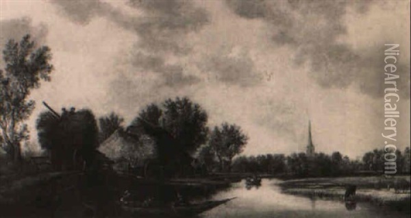 Fluslandschaft Mit Heuwagen Und Ruderboot Oil Painting - Pieter de Neyn