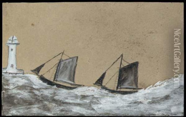 Two Sailing Boats And A Lighthouse On A Choppy Sea Oil Painting - Alfred Wallis