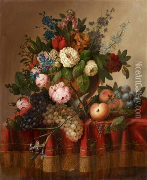 Still Life With Flowers And Fruit Oil Painting - Louis Vidal