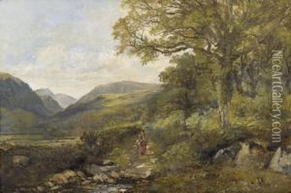 Landschaftspartie Mit Bauerin In Den Highlands. Oil Painting - Joseph Denovan Adam