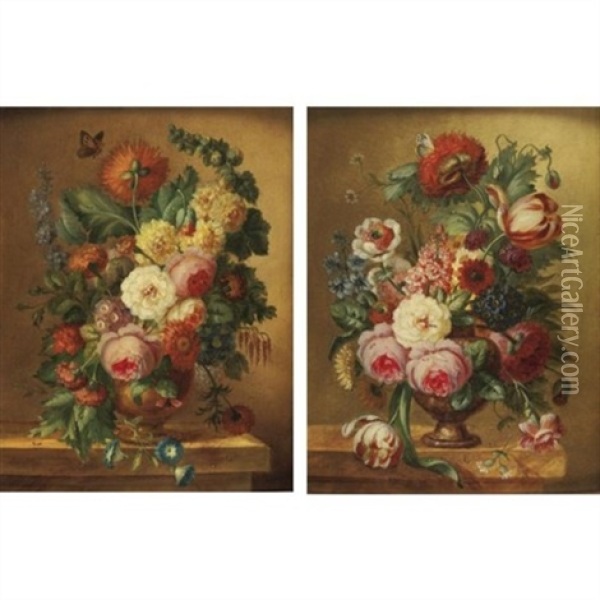 Still Life With Flowers (pair) Oil Painting - Joseph Nigg