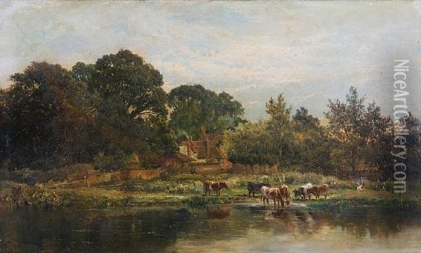 Cattle Watering Oil Painting - Alfred de Breanski