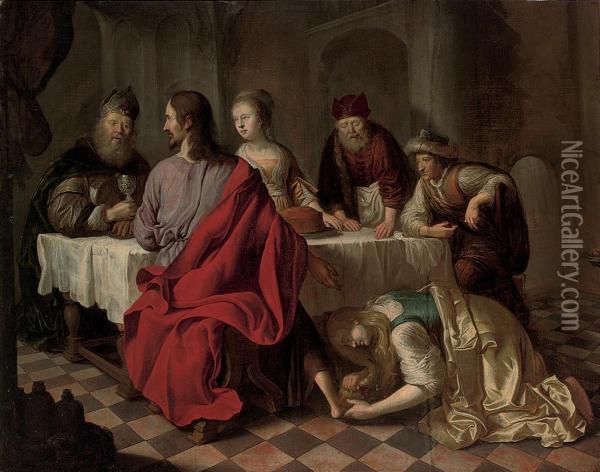Mary Magdalene Washing The Feet Of Christ In The House Of Simon Oil Painting - Salomon Koninck