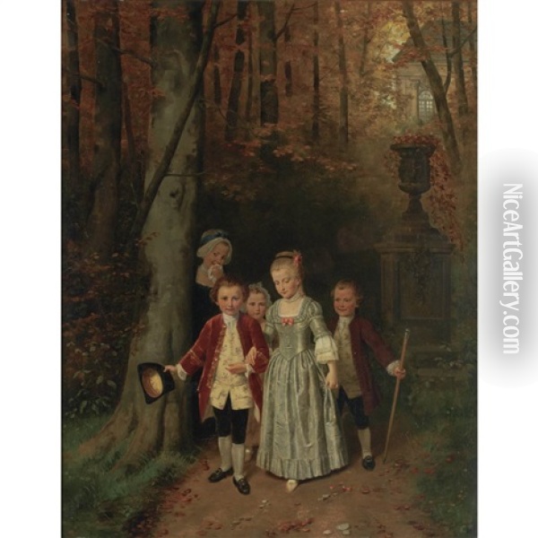 Children In The Forest Oil Painting - Hubert Salentin