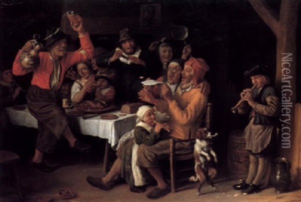 An Interior With Peasants Singing And Dancing Around A Table Oil Painting - Lambert Doomer