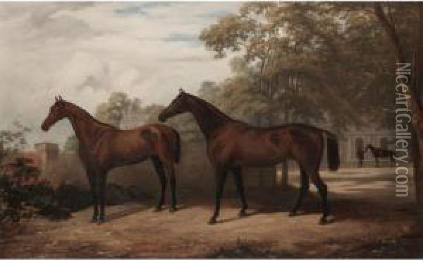 Two Bay Hunters In A Landscape Oil Painting - Henry Calvert
