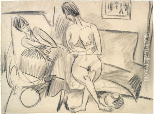 Nackte Und Bekleidete Frau Oil Painting - Ernst Ludwig Kirchner