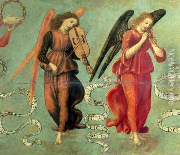 Angels playing the fiddle and pipe, c.1475-97 Oil Painting - Francesco Botticini