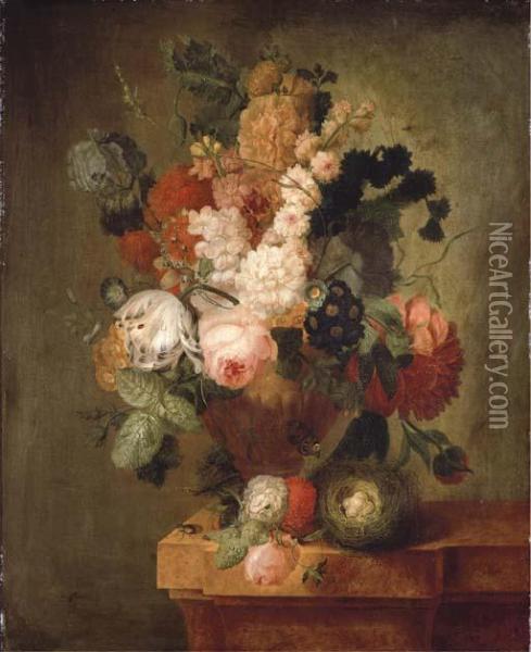 Roses, Carnations, A Tulip And Other Flowers Oil Painting - Pieter Faes