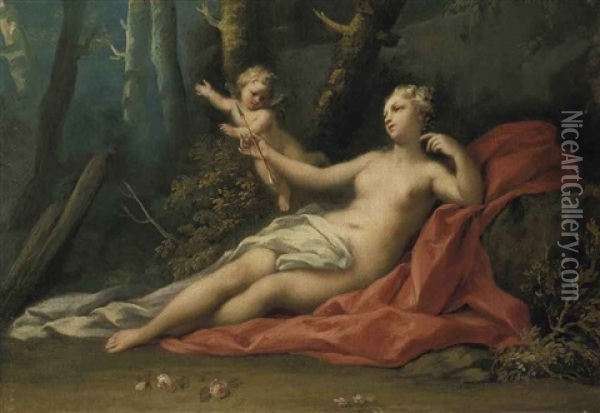 Venus And Cupid In A Wooded Landscape Oil Painting - Jacopo Amigoni