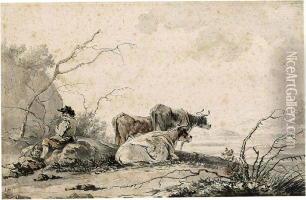 Landscape With Herdsman And Cows Resting Oil Painting - Jacob Van Stry