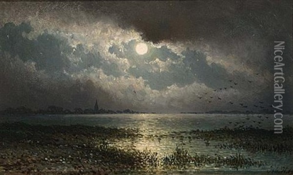 Het Ij Bij  Zeeburg, Maanlicht Oil Painting - Johannes Hilverdink