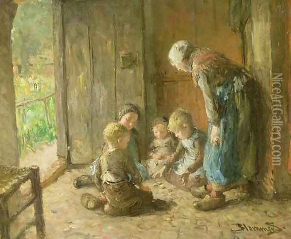 Playing Jacks on the Doorstep Oil Painting - Bart-John Blommers (or Bloomers)