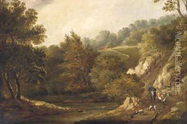 Figures before a cottage in a wooded landscape; and A drover with cattle and sheep on a wooded path Oil Painting - Patrick Nasmyth