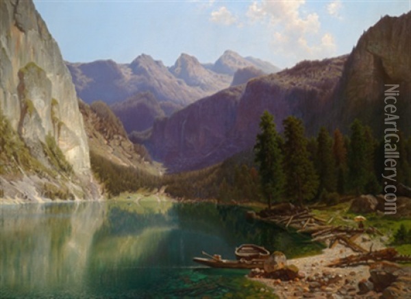 Der Maler An Einem Gebirgssee Oil Painting - Theodor (Wilhelm T.) Nocken