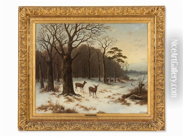 Winter Forest With Deer Oil Painting - Hendrik Pieter Koekkoek