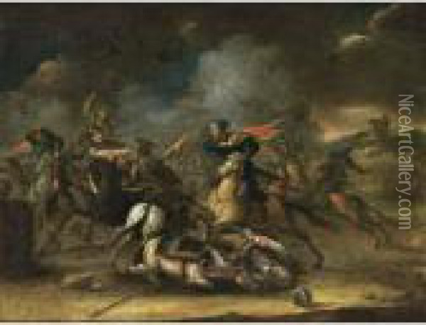 A Cavalry Battle Scene Oil Painting - Karel Van Breydel (Le Chevalier)