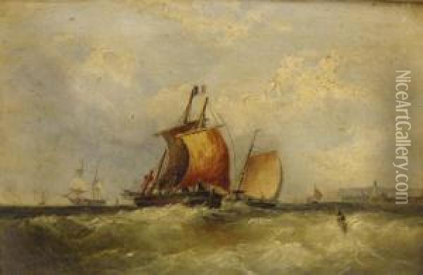 Ships On A Stormy Coastal Sea Oil Painting - Samuel Henry Baker