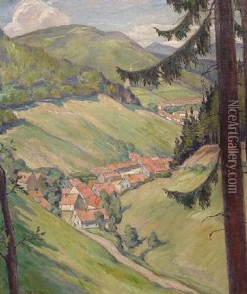 Sommerliche Harzlandschaft Mit Blick Auf Dorfer In Einer Talkehle Oil Painting - Josef Mangold