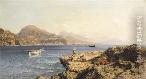 Fishermen On A Rocky Island Off Capri Oil Painting - Friedrich Nerly