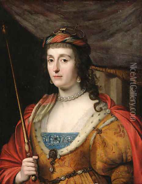 Portrait of Elizabeth, Queen of Bohemia, half-length, in a gold- embroidered dress with ermine lining, a red cape and holding a sceptre Oil Painting - Gerrit Van Honthorst