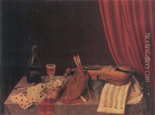 A Still Life With Wine And A Violin Oil Painting - James Long Scudder
