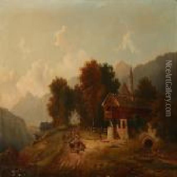 Southern German Autumn Landscape With Persons And Cattle On A Road Oil Painting - Anton Doll