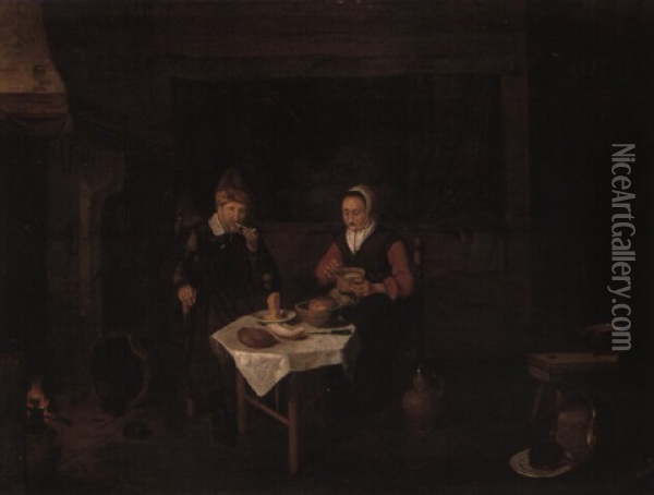 Elderly Couple At A Table In An Interior Oil Painting - Quiringh Gerritsz van Brekelenkam