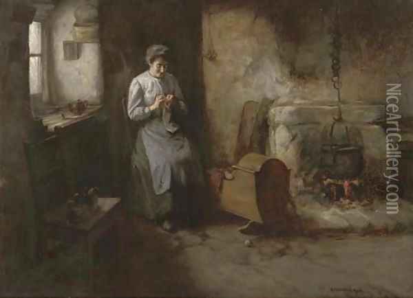 Knitting socks, a mother and baby in a kitchen interior Oil Painting - Henry John Dobson