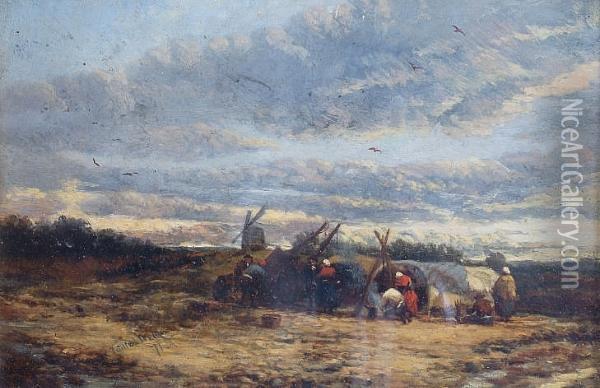 Gipsy Encampment With Windmills, Suffolk Oil Painting - James Webb