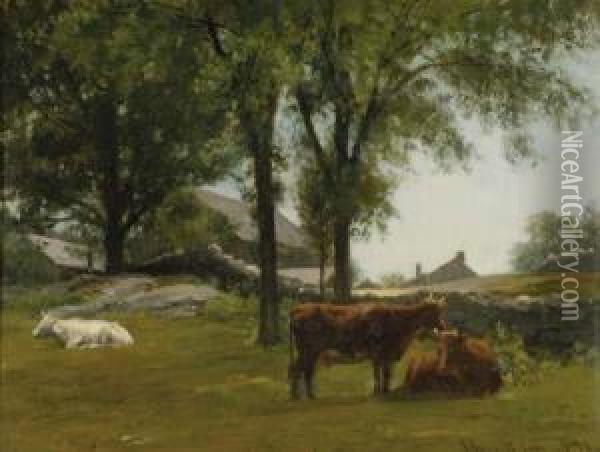 New England Farm With Cattle Resting Oil Painting - Joseph Foxcroft Cole