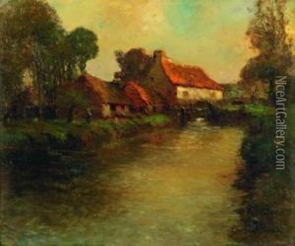 Cottages By A Stream Oil Painting - George Ames Aldrich