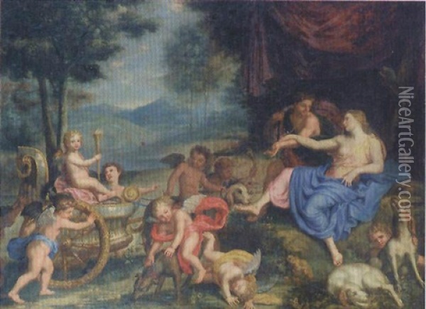 Venus Et Adonis Avec Cupidon Dans Un Char Tire Par Des Chiens Oil Painting - Bon De Boulogne