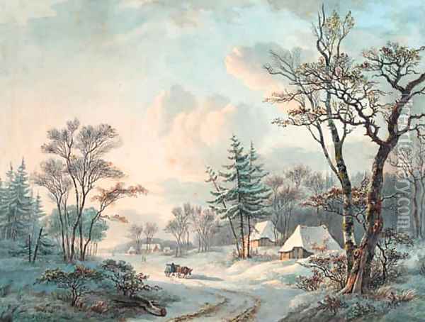A winter landscape with an ox-cart on a wooded road near a village Oil Painting - Willem De Klerk