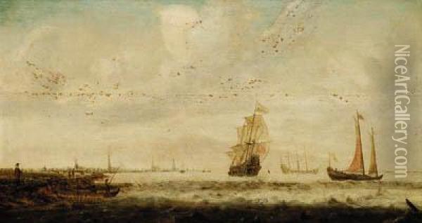 A Frigate And Other Shipping Off A Coastline Oil Painting - Hendrik van Anthonissen