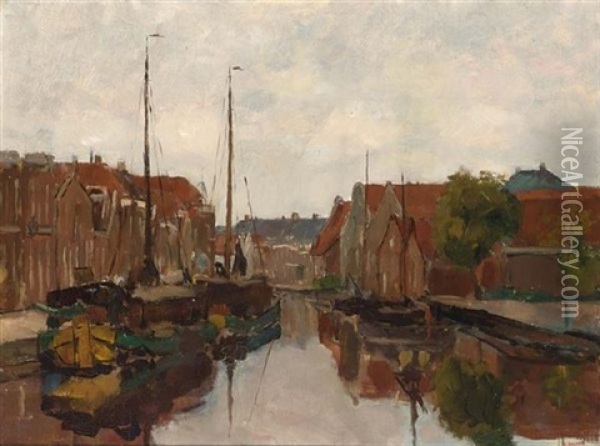 Moored Boats In A Dutch Town Oil Painting - Victor Bauffe