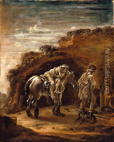 The Good Samaritan, Or A Traveller Resting On His Horse In A Landscape, En Grisaille Oil Painting - Cornelis Verbeeck