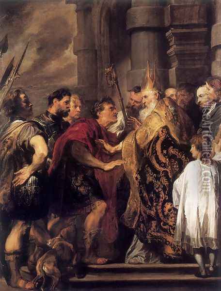 Emperor Theodosius Forbidden by St Ambrose To Enter Milan Cathedral 1619-20 Oil Painting - Sir Anthony Van Dyck