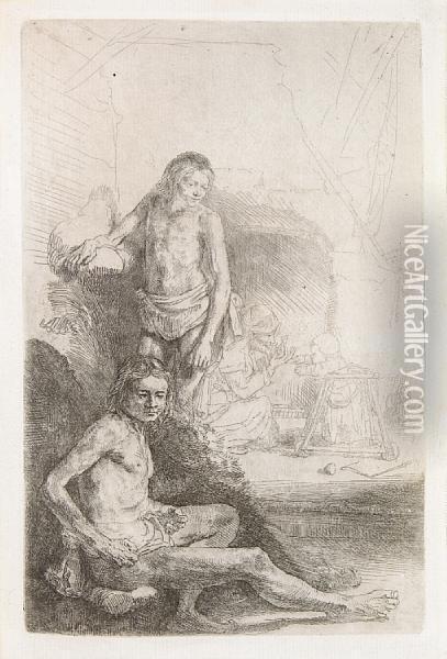 Nude Man Seated And Another Standing With A Woman And A Baby Oil Painting - Rembrandt Van Rijn