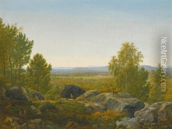 A Rocky Outcrop With Deer, An Extensive Landscape Beyond Oil Painting - Jean Joseph Xavier Bidault