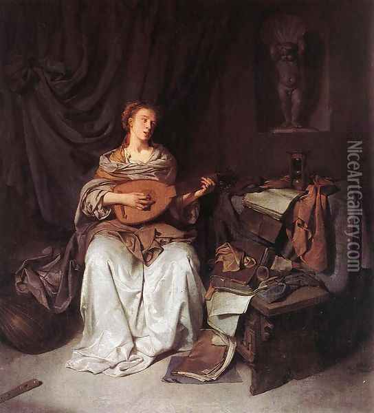 Woman Playing a Lute 1664-65 Oil Painting - Cornelis (Pietersz.) Bega