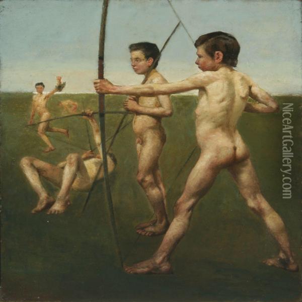 Young Naked Archers,recto And Interior With Playing Trio, Verso Oil Painting - Johan Rohde