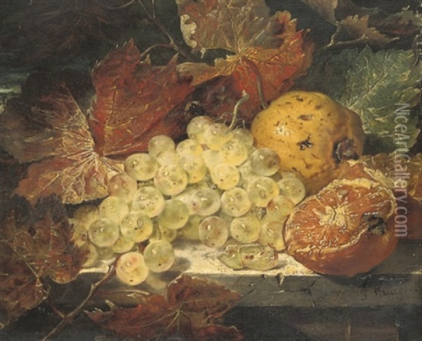 Grapes, An Orange And A Lemon With Autumn Leaves On A Ledge Oil Painting - George Lance