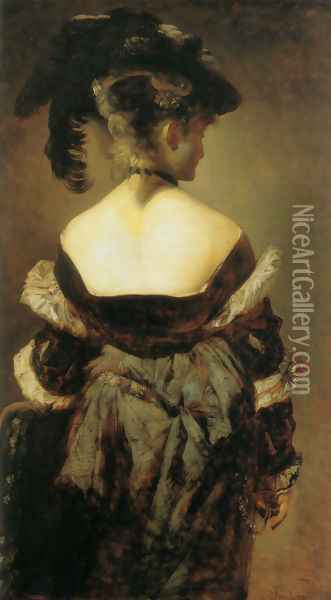 Dame mit Federhut in Rückenansicht (Lady with Feather Hat from Behind) Oil Painting - Hans Makart