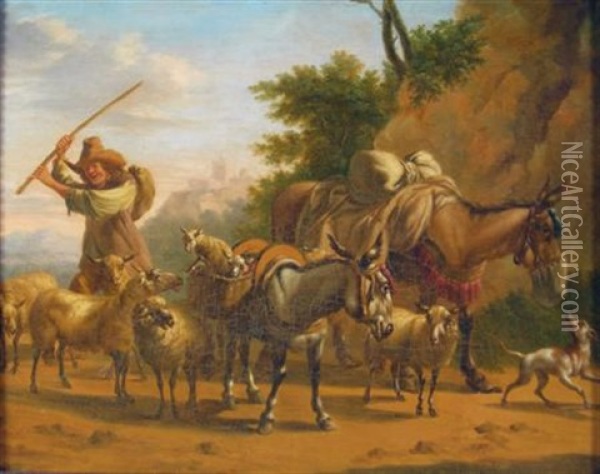 Southern Landscape With Herdsman Driving His Flock Oil Painting - Johannes van der Bent