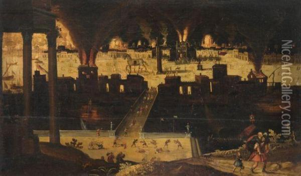 Enee Et Anchise Fuyant La Ville De Troie En Flamme Oil Painting - Louis de Caullery