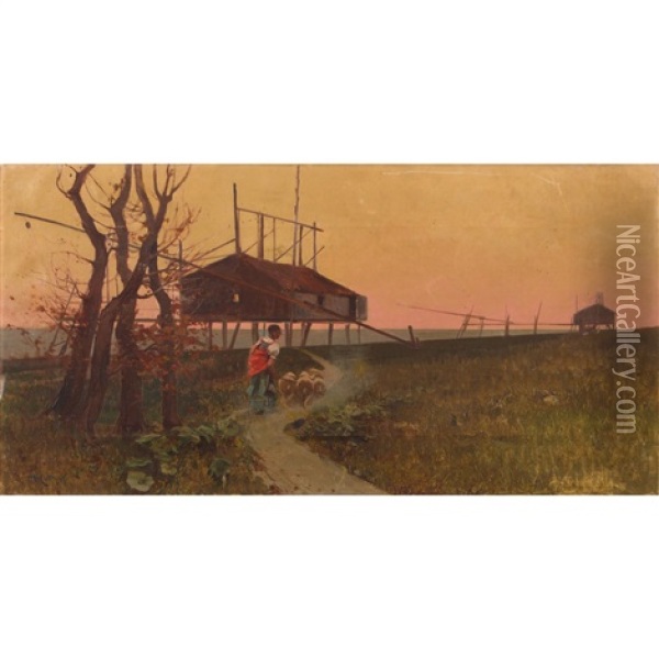 Paesaggio Al Tramonto - 1899 Oil Painting - Michele Catti